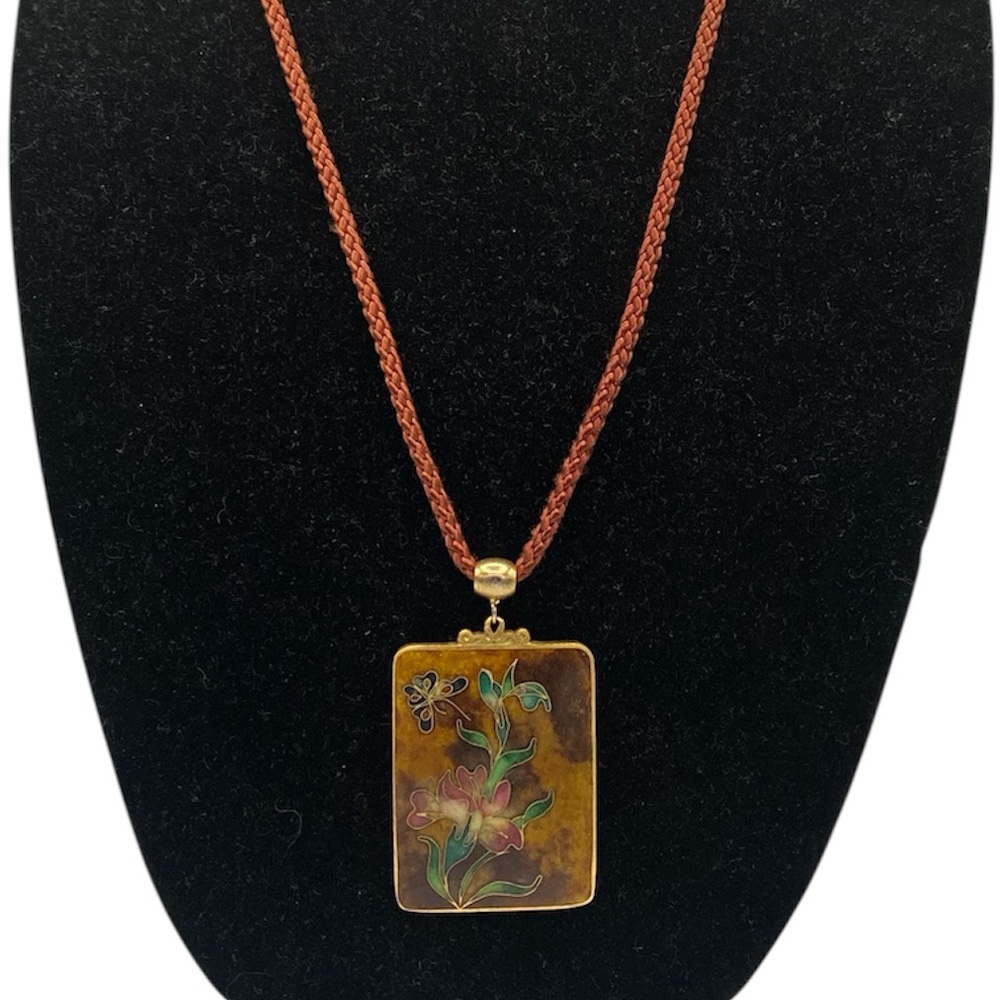 Vintage Robert KUO Kloison Cloisonné Floral Pendant Necklace Reddish Brown Cord